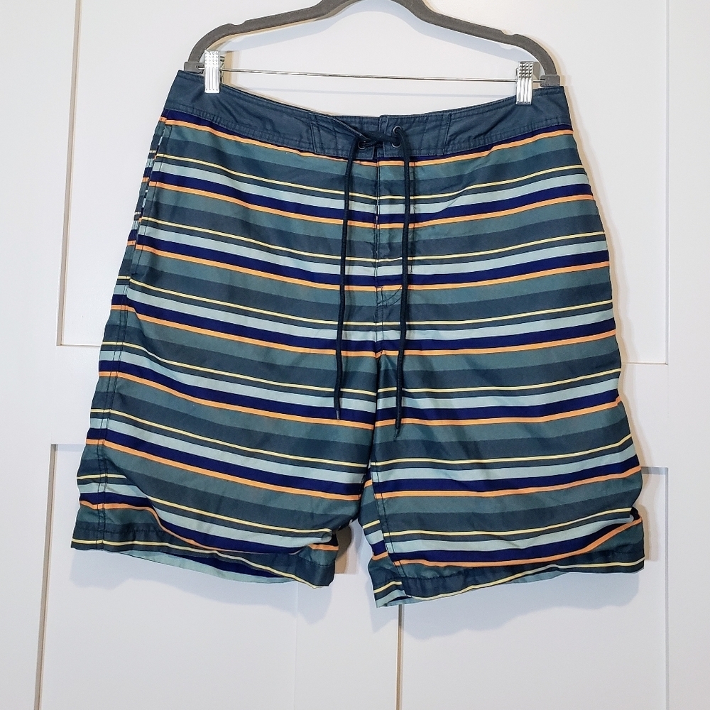 Gap Factory Size Large Board Shorts Swim Trunks Mesh Lined Striped Blue Green